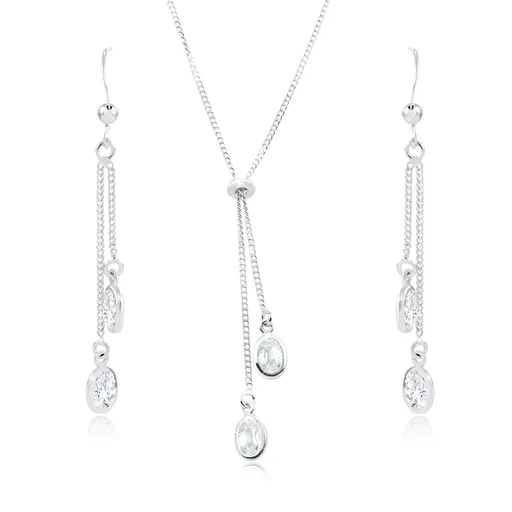Set zo striebra 925 - náhrdelník a náušnice, číre zirkónové ovály na retiazkach