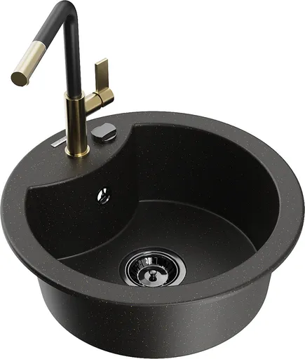 MEXEN/S MEXEN/S - Diego granitový drez 1-miska vrátane batérie Flora, čierna/zlatá metalik 6512-75-670401-57-B