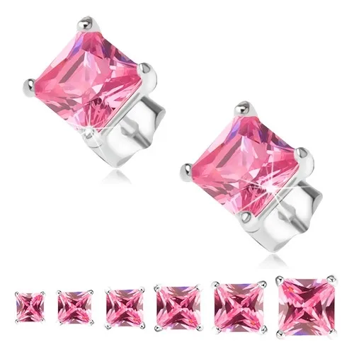 Puzetové náušnice, striebro 925, ružový štvorcový zirkón - Veľkosť zirkónu: 3 mm