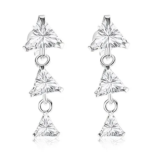 Náušnice zo striebra 925, tri zirkónové trojuholníčky v čírej farbe, puzetky