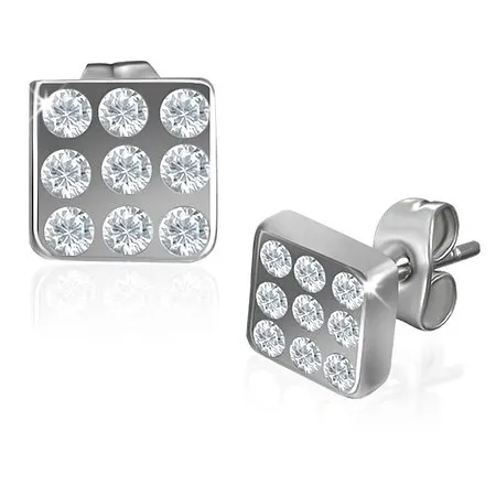 Lesklé oceľové náušnice, štvorce striebornej farby s čírymi kamienkami