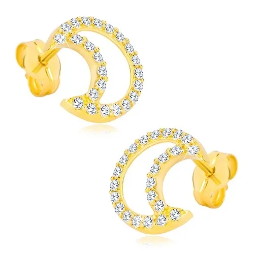 Náušnice zo žltého 14K zlata - kontúra mesiaca vykladaná zirkónmi