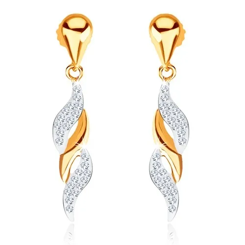 Zlaté 9K visiace náušnice s vlnkami a čírymi zirkónmi