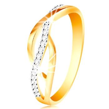 Prsteň v kombinovanom 14K zlate - prepletené hladké a zirkónové línie - Veľkosť: 54 mm