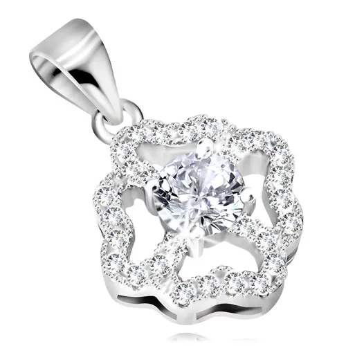 Ródiovaný prívesok zo striebra 925, kontúra kvetu so zirkónovými lupeňmi v tvare sŕdc