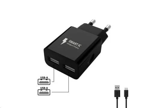 WG - Sieťová nabíjačka 2x USB-A 2, 4A, Smart IC + kábel USB-A na Micro USB, black