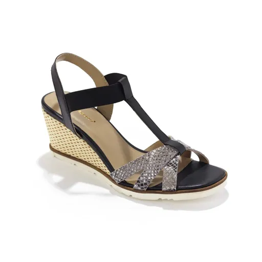 Kožené sandále so vzorom hadej kože, na klinovom podpätku