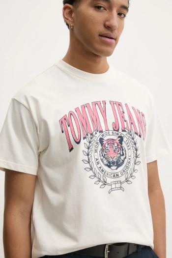 Bavlnené tričko Tommy Jeans pánske, béžová farba, s potlačou, DM0DM21191