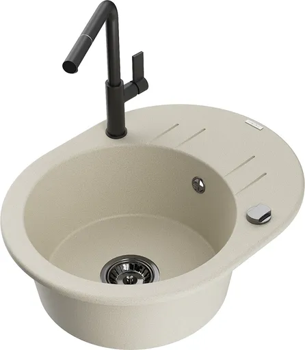 MEXEN/S MEXEN/S - Kevin granitový drez 1-miska s odkvapkávačom vrátane batérie Flora, béžová 6517-69-670401-70-B