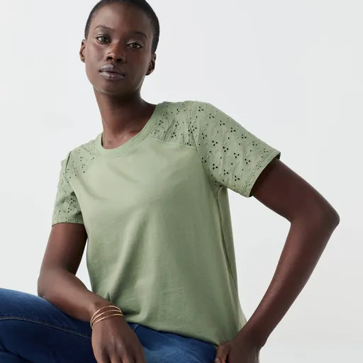 Tričko s okrúhlym výstrihom, krátkymi rukávmi a madeirou