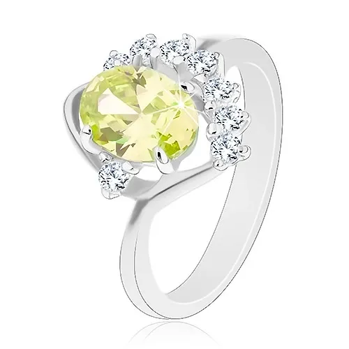 Ligotavý prsteň s ohnutným ramenom, oválny zirkón v zelenom odtieni, číry oblúk - Veľkosť: 51 mm