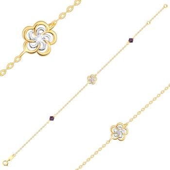 Náramok z kombinovaného zlata 585 - dvojfarebný kvietok, krištále Swarovski ametystovej farby