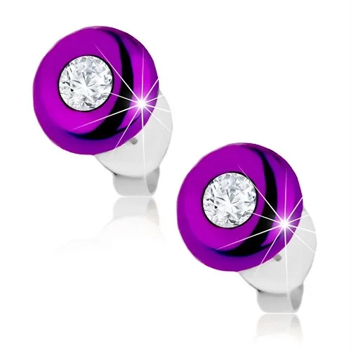 Náušnice zo striebra 925, fialový kruh s vypuklým povrchom, zirkón