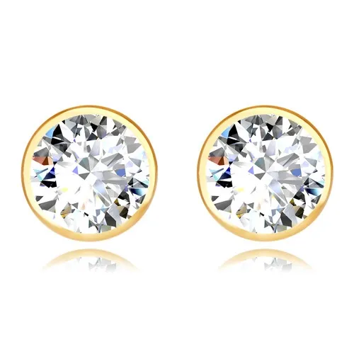 Puzetové náušnice zo žltého zlata 375 - číry zirkón vsadený v okrúhlej objímke