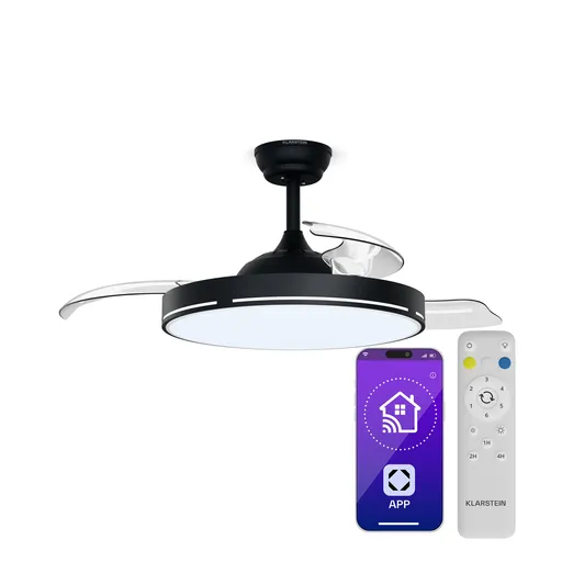 Klarstein AirFold, Inteligentný stropný ventilátor, Zaťahovacie lopatky, Stmievateľné LED svetlo, Smart