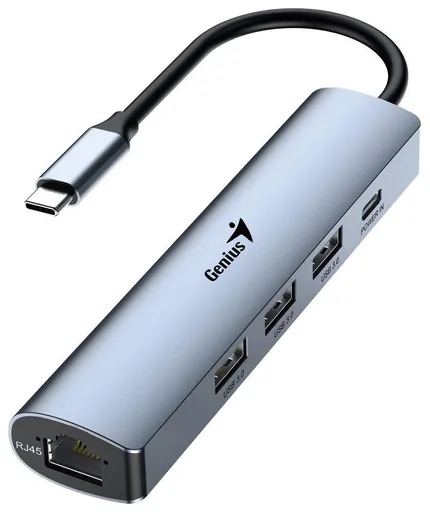 Genius UH-545 USB Hub, externý, USB-C na 3× USB 3.0, 1× USB-C, RJ-45 Gigabit Ethernet, 15cm, šedý