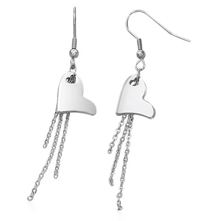 Visiace oceľové náušnice, nesúmerné srdiečko s retiazkami