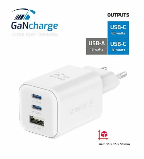 SWISSTEN SIEŤOVÝ ADAPTÉR GaN 2x USB-C 65W PD + 1x USB-A 18W QC BIELÝ