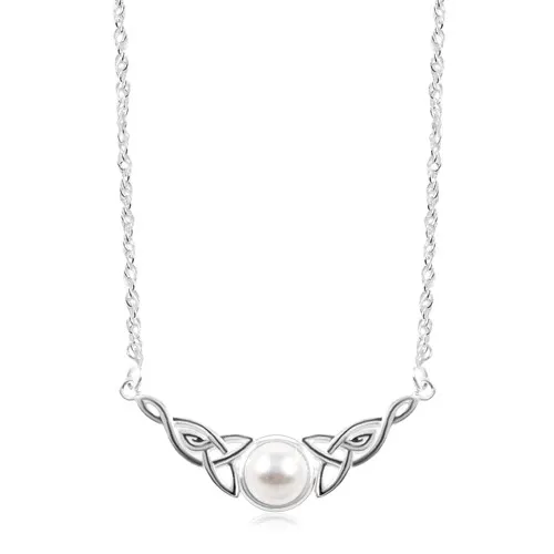 Strieborný náhrdelník 925, biela polgulička, keltské uzly po stranách