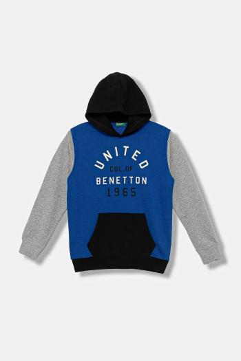 Detská bavlnená mikina United Colors of Benetton modrá farba, s kapucňou, s potlačou, 3J68C204V