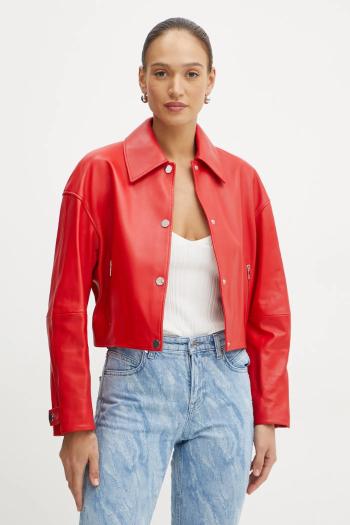 Kožená bunda BOSS dámska, červená farba, prechodná, oversize, 50535759