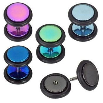 Oceľový fake plug do ucha, lesklé farebné kruhy s gumičkami, anodizované - Farba piercing: Čierna