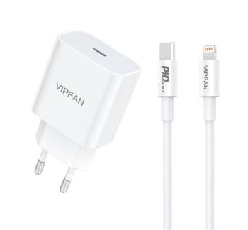 Vipfan E04 USB-C hálózati töltő adapter, QC 3.0 + Lightning kábel, 20W, fehér