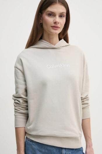 Bavlnená mikina Calvin Klein dámska, béžová farba, s kapucňou, s potlačou, K20K205449