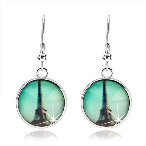 Cabochon náušnice visiace na afroháčikoch, Eiffelovka, zelenomodré pozadie