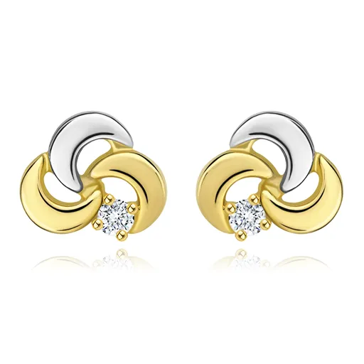 Náušnice zo 14K zlata - trojlístok s čírym diamantom, dvojfarebné prevedenie