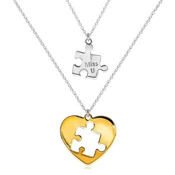 Dvojset zo striebra 925 - dva náhrdelníky, puzzle s nápisom, srdce s vyrezaným puzzle uprostred