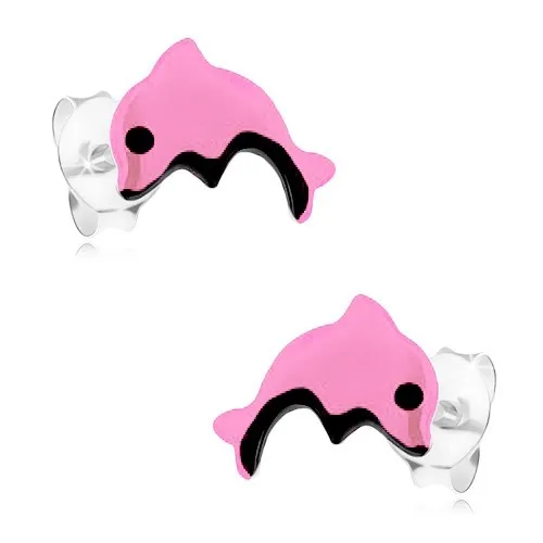 Náušnice zo striebra 925, neónovoružový delfín, čierne bruško a očko