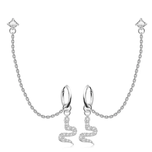 Strieborné 925 náušnice do dvoch dierok - kruh s motívom hada, puzetka s hranatým zirkónom