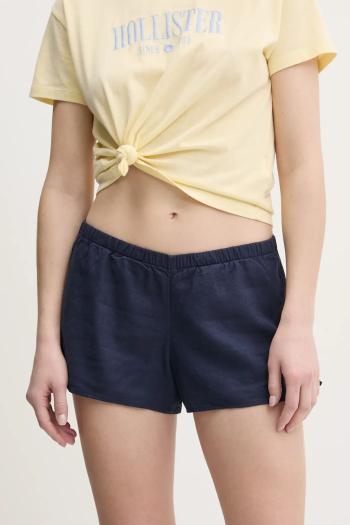 Ľanové šortky Hollister Co. dámske, tmavomodrá farba, jednofarebné, vysoký pás, KI349-5077