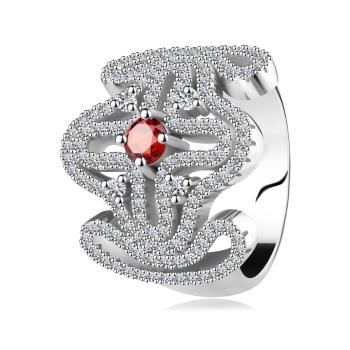 Masívny prsteň, striebro 925, červený zirkónik, rozsiahly ornament - kríž - Veľkosť: 49 mm