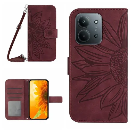ART SUNFLOWER Peňaženkový kryt so šnúrkou pre Xiaomi Redmi 15C / Redmi 15C 5G bordový