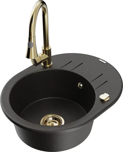 MEXEN/S MEXEN/S - Kevin granitový drez 1 s odkvapkávačom vrátane batérie Elia, čierna/zlatá metalik 6517-75-670101-50