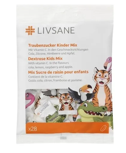 LIVSANE Dextróza pre deti Mix s vitamínom C 28 žuvacích tabliet