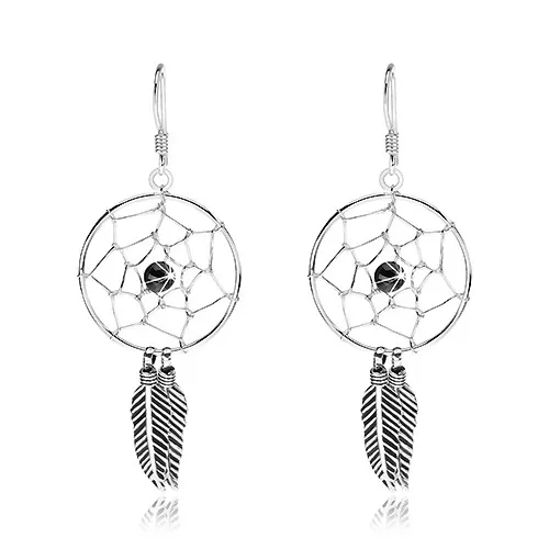 Strieborné náušnice 925, lapač snov s čiernou guličkou a pierkami, 20 mm