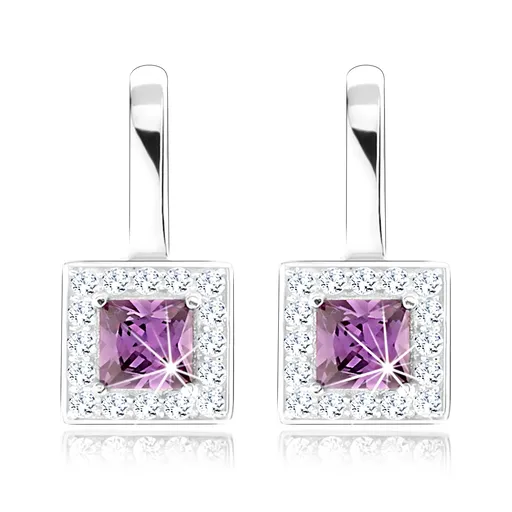 Náušnice, striebro 925, fialový štvorcový zirkón, číra obruba, výrezy
