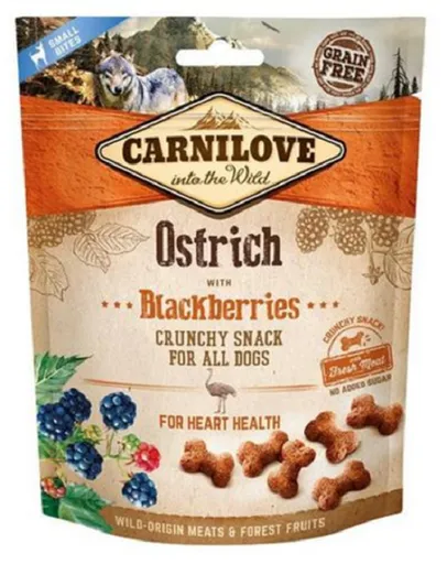 Carnilove Dog bezobilné mäsové maškrty pre psy všetkých plemien s pštrosím mäsom a černicami 200g