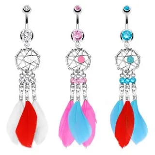 Oceľový piercing do pupka, lapač snov s korálkou, tri zirkóny a farebné pierka - Farba piercing: Aqua