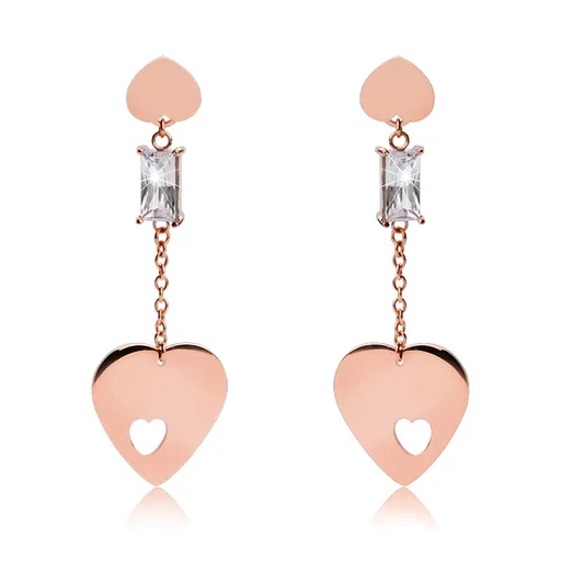 Visiace srdiečkové náušnice z chirurgickej ocele medenej farby s čírym krištáľom