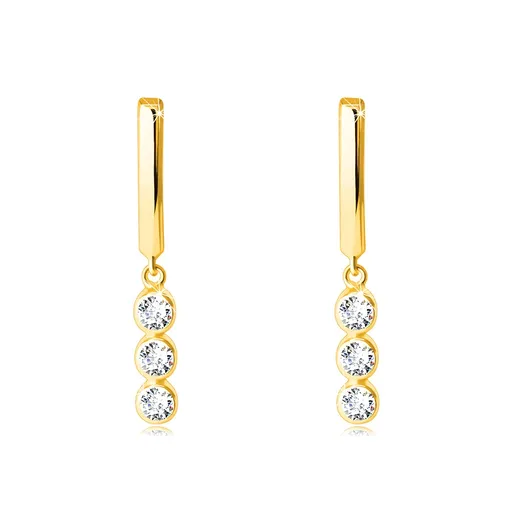 Náušnice zo 14K zlata - hladký úzky obdĺžnik, tri objímky s okrúhlymi zirkónmi, puzetky