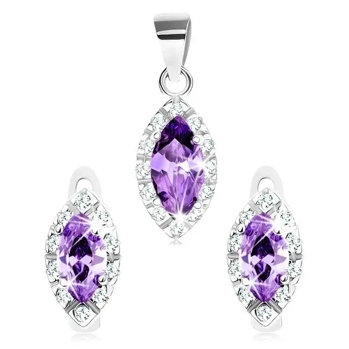 Strieborná 925 sada - prívesok, náušnice, fialové zirkónové zrnko, drobné číre zirkóniky