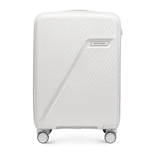 Malý polypropylénový kufor s diagonálnymi pruhmi, biele a strieborné 56-3T-501-89