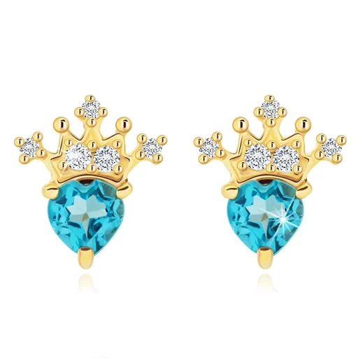 Náušnice zo žltého zlata 14K so srdcovým topásom a korunkou