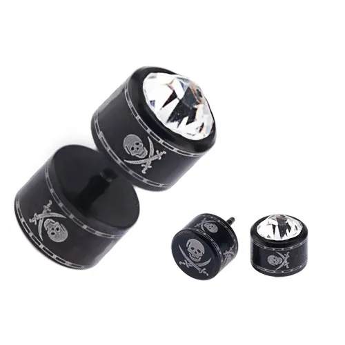 Okrúhly falošný plug do ucha z ocele - lebka, skrížené šable