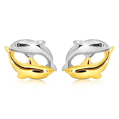 Zlaté 9K náušnice delfín v kombinácii žltého a bieleho zlata