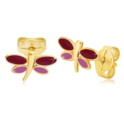 Náušnice zo žltého 14K zlata - vážka s bordovou a fialovou glazúrou na krídlach